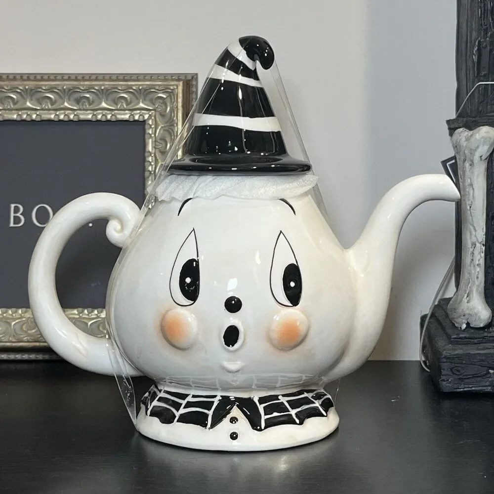 Johanna Parker Halloween Ghost Ceramic Teapot Striped Witch Hat Lid Spiderweb